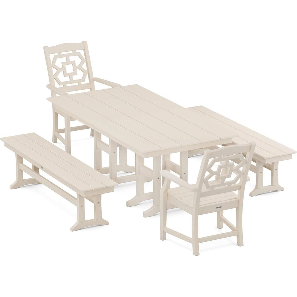 imageMartha Stewart by POLYWOOD Chinoiserie 5Piece Farmhouse Dining Set with Benches in SandSand