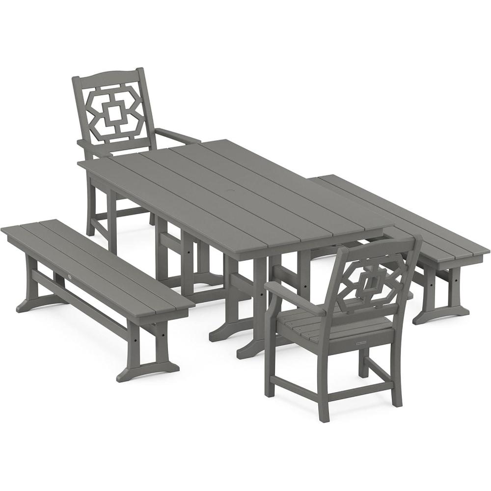 imageMartha Stewart by POLYWOOD Chinoiserie 5Piece Farmhouse Dining Set with Benches in SandSlate Grey