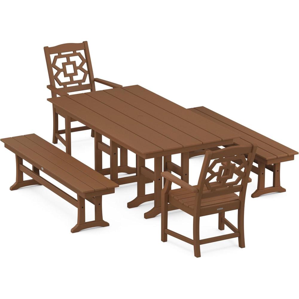 imageMartha Stewart by POLYWOOD Chinoiserie 5Piece Farmhouse Dining Set with Benches in SandTeak