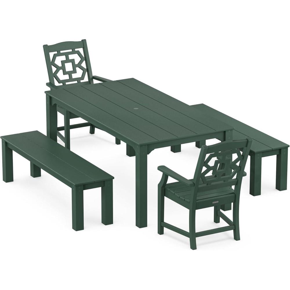 imageMartha Stewart by POLYWOOD Chinoiserie 5Piece Parsons Dining Set with Benches Exclusive in Slate GreyGreen