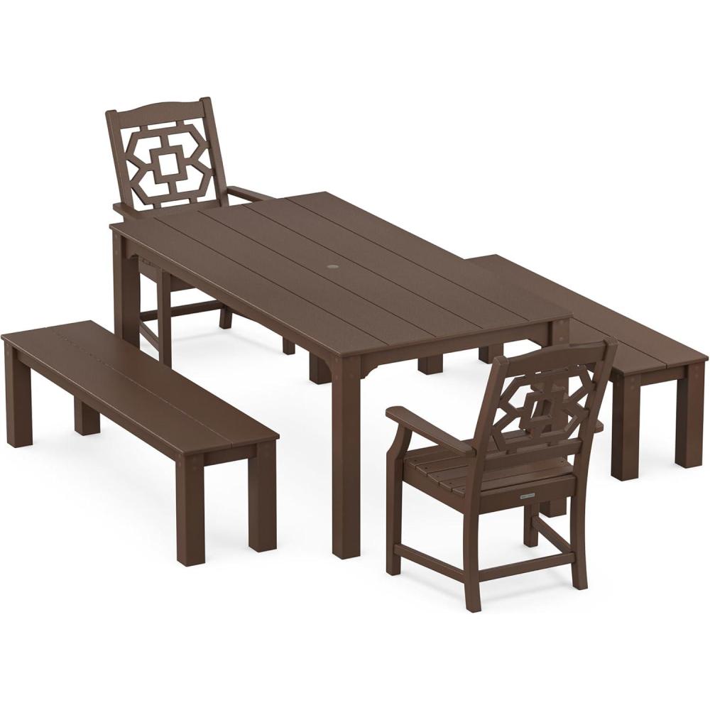 imageMartha Stewart by POLYWOOD Chinoiserie 5Piece Parsons Dining Set with Benches Exclusive in Slate GreyMahogany