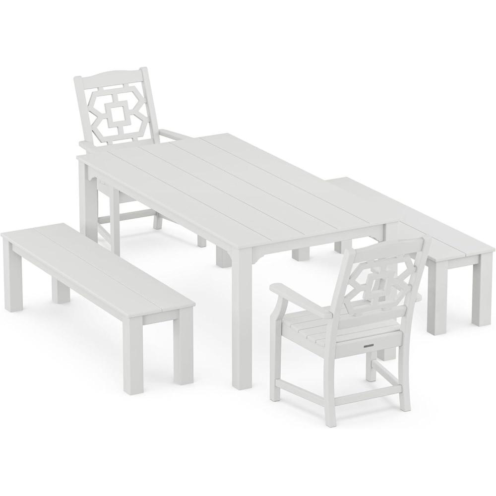 imageMartha Stewart by POLYWOOD Chinoiserie 5Piece Parsons Dining Set with Benches Exclusive in Slate GreyWhite