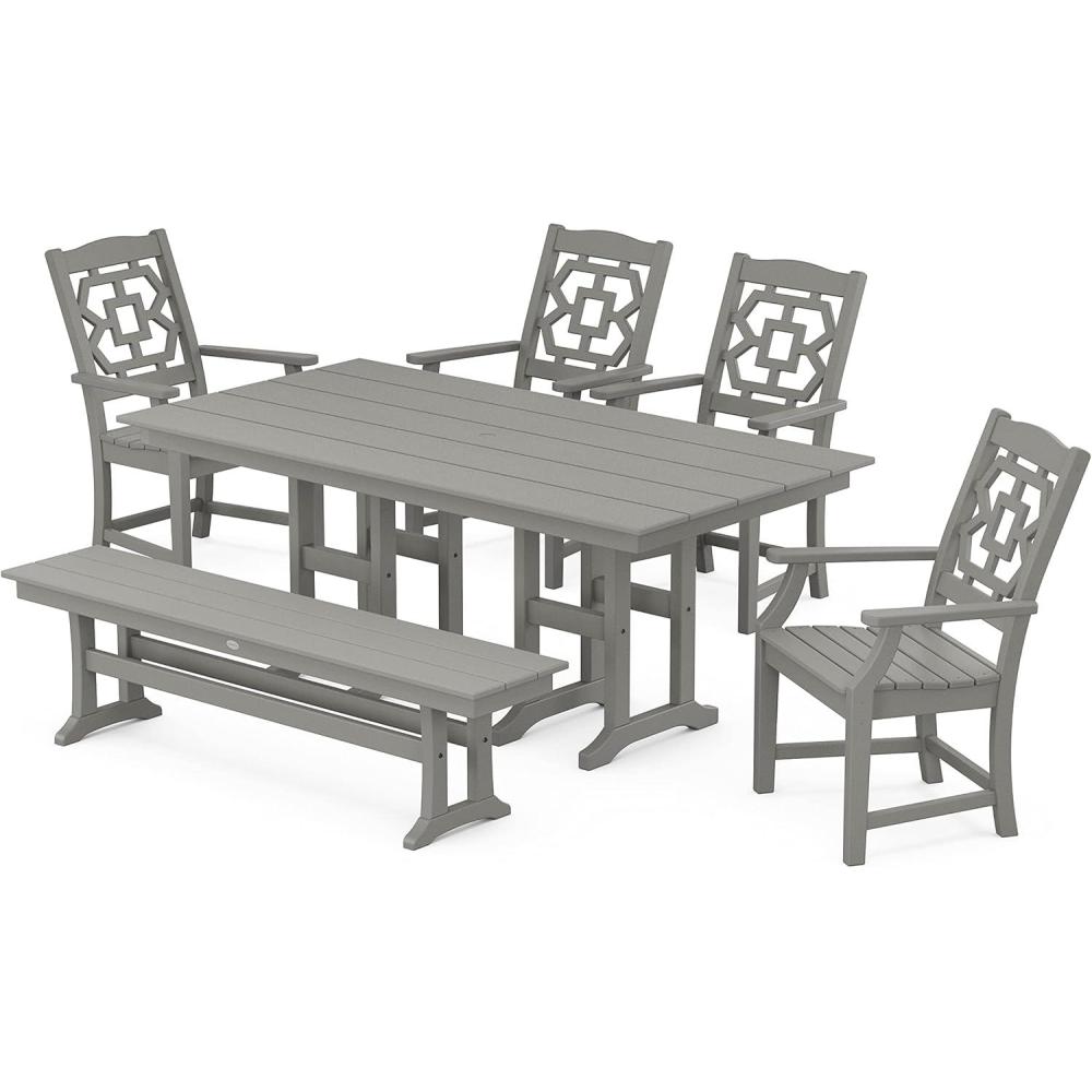 imageMartha Stewart by POLYWOOD Chinoiserie 6Piece Farmhouse Dining Set with Bench in MahoganySlate Grey
