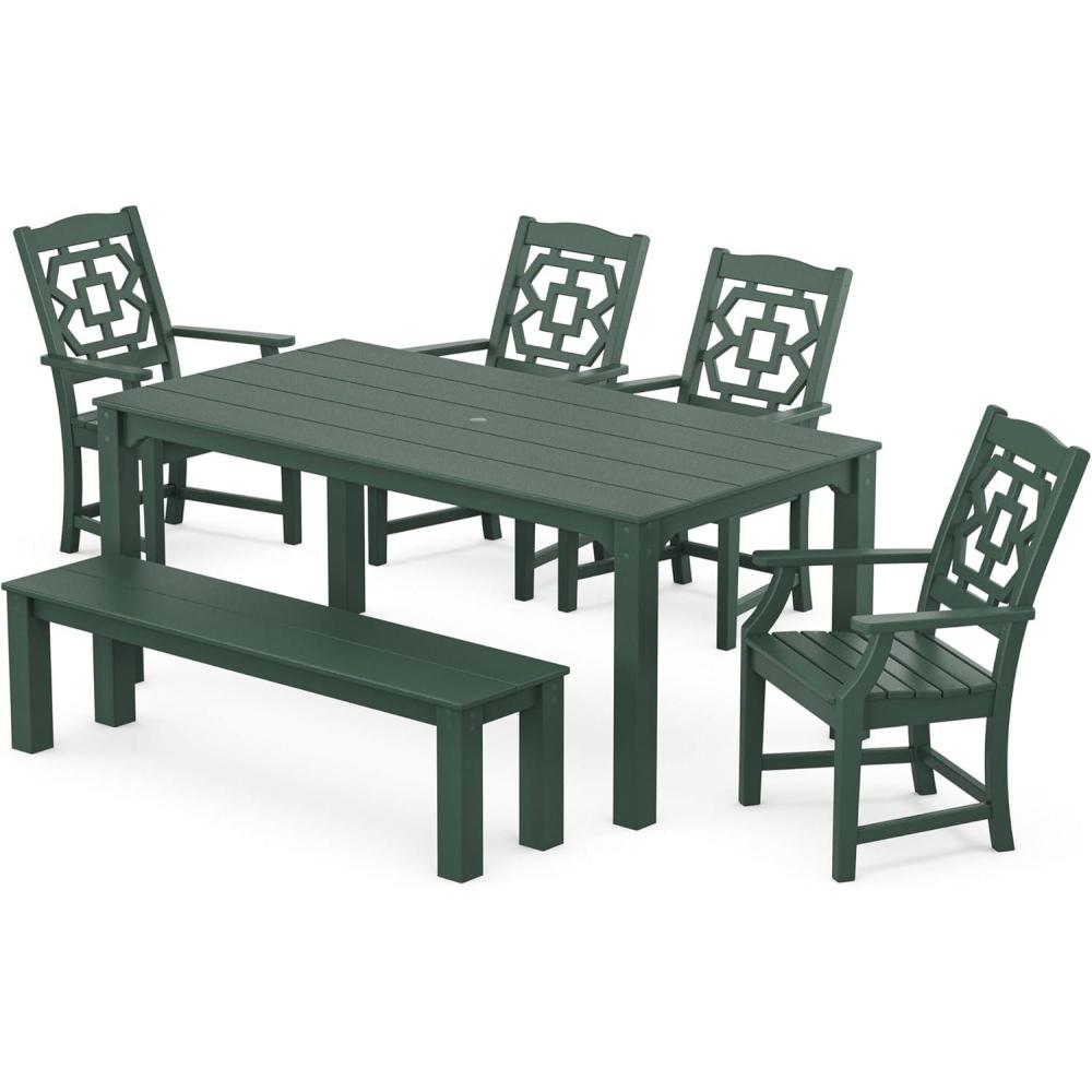 imageMartha Stewart by POLYWOOD Chinoiserie 6Piece Parsons Dining Set with Bench Exclusive in MahoganyGreen