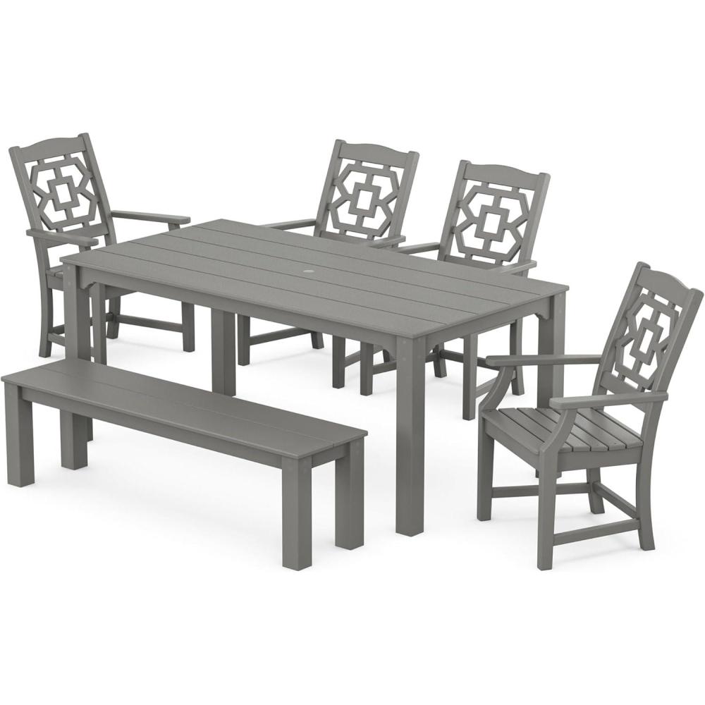 imageMartha Stewart by POLYWOOD Chinoiserie 6Piece Parsons Dining Set with Bench Exclusive in MahoganySlate Grey