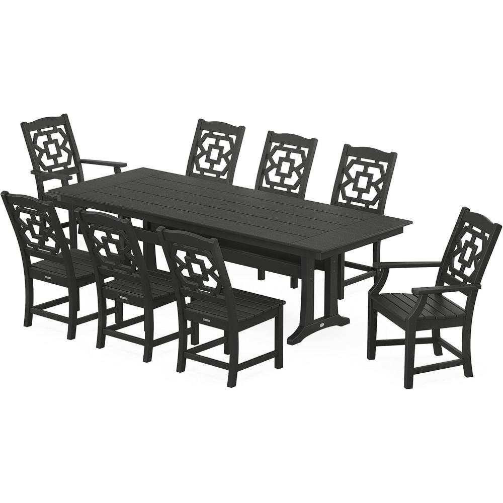 imageMartha Stewart by POLYWOOD Chinoiserie 9Piece Farmhouse Dining Set with Trestle Legs in GreenBlack