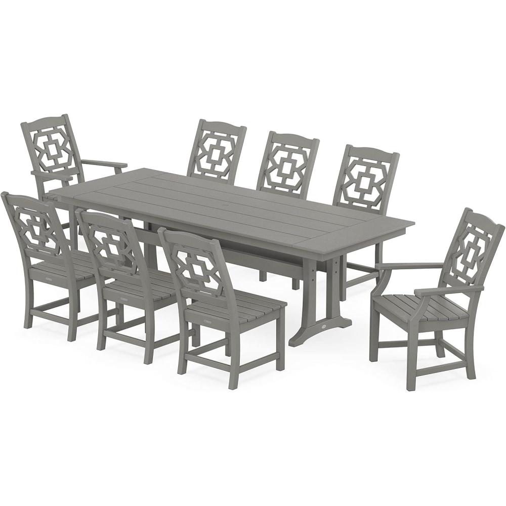 imageMartha Stewart by POLYWOOD Chinoiserie 9Piece Farmhouse Dining Set with Trestle Legs in GreenSlate Grey