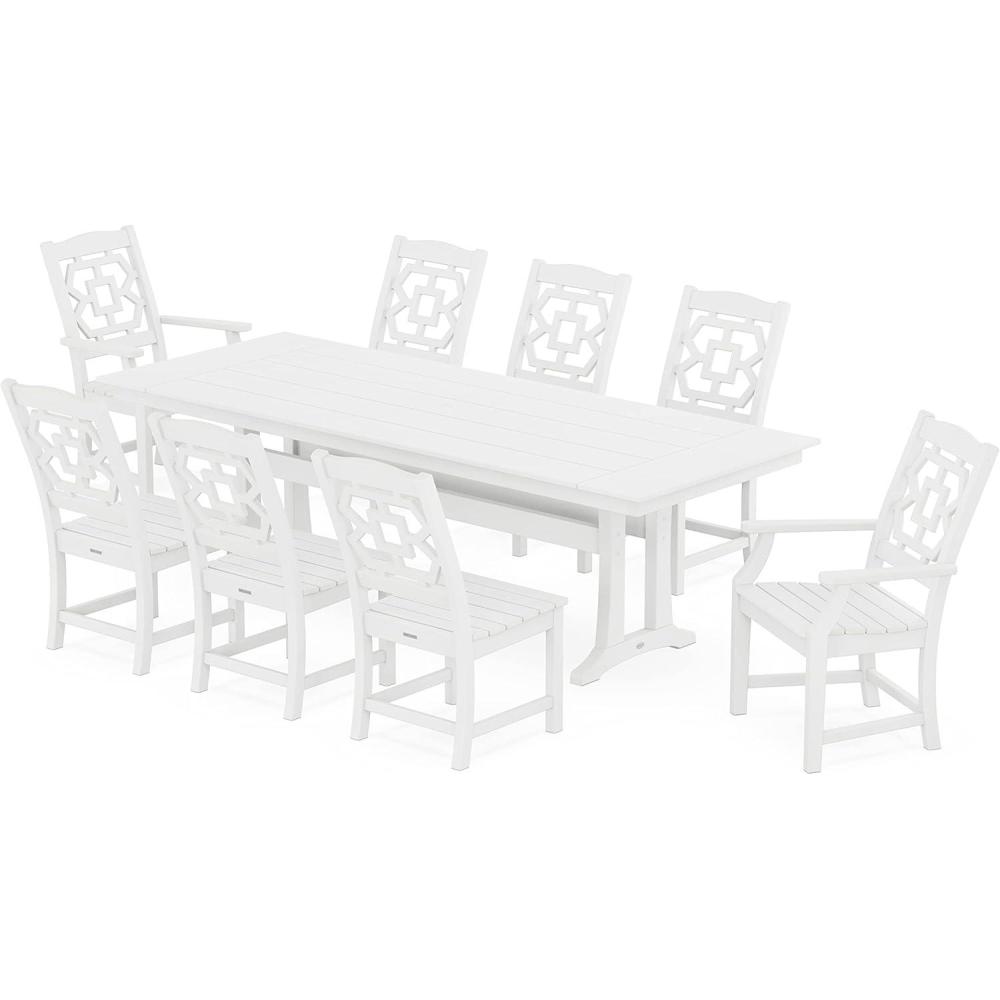 imageMartha Stewart by POLYWOOD Chinoiserie 9Piece Farmhouse Dining Set with Trestle Legs in GreenWhite