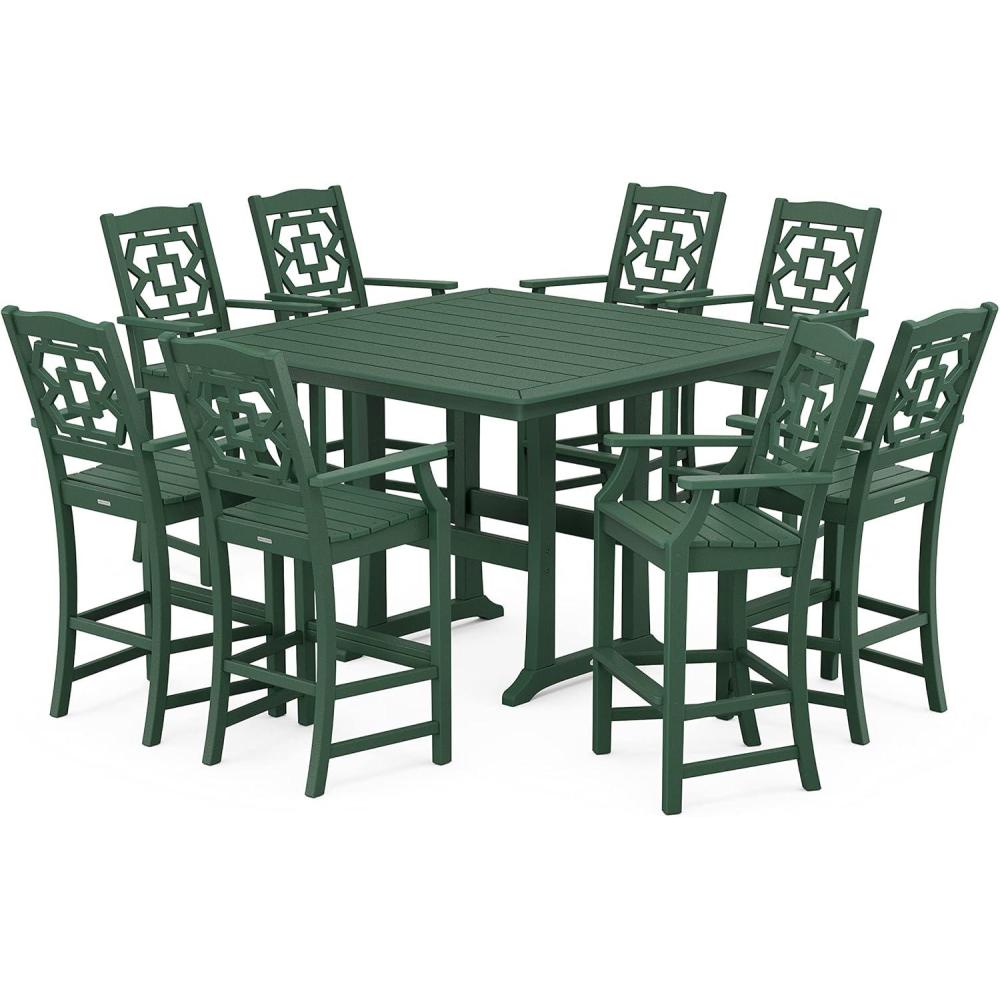 imageMartha Stewart by POLYWOOD Chinoiserie 9Piece Square Bar Set with Trestle Legs in SandGreen