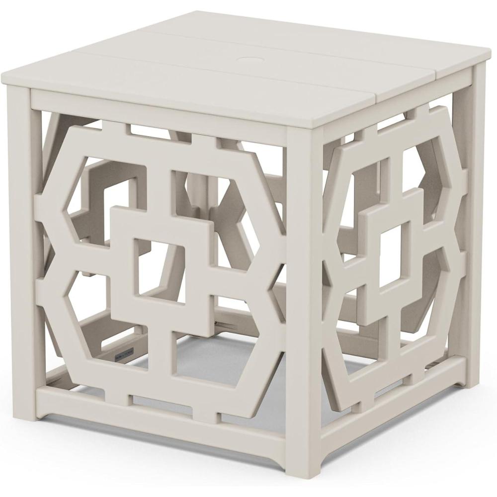 imageMartha Stewart by POLYWOOD Chinoiserie Outdoor Umbrella Stand Accent Table White Lattice 22quotx22quot Square Durable HDPE AllWeather Small Patio Furniture for Backyard Deck Garden Made in The USASand