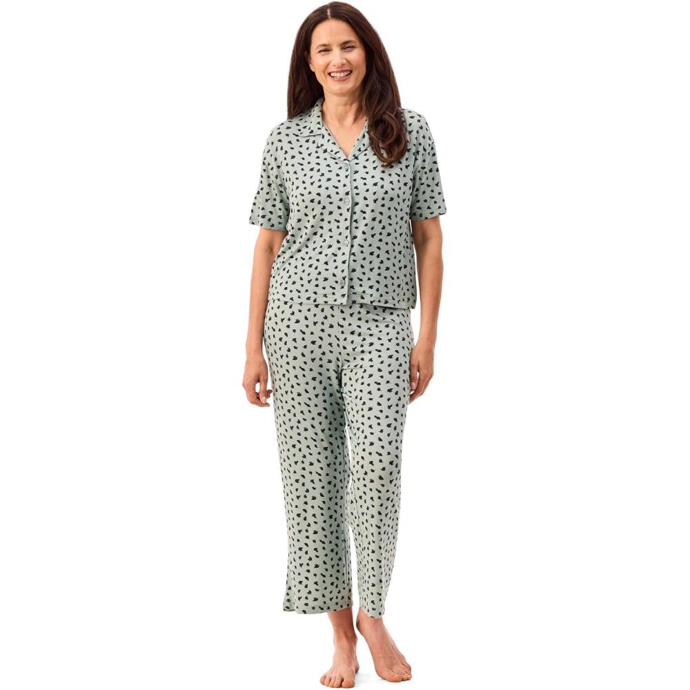 imagePeace Love ampamp Dreams Martha Stewart Womens Capri Pajama Set Lightweight Rayon Sleepwear Short SleeveGreen Leaf