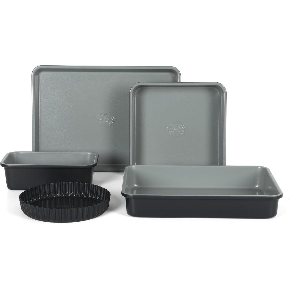 imageSur La Table Kitchen Essential Carbon Steel Baking Pans Bakeware Set WPremium PFOA PFAS PTFE Free Grey Non stick Juniper Green ExteriorBlack