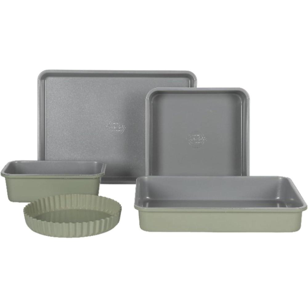 imageSur La Table Kitchen Essential Carbon Steel Baking Pans Bakeware Set WPremium PFOA PFAS PTFE Free Grey Non stick  Juniper Green ExteriorJuniper Green