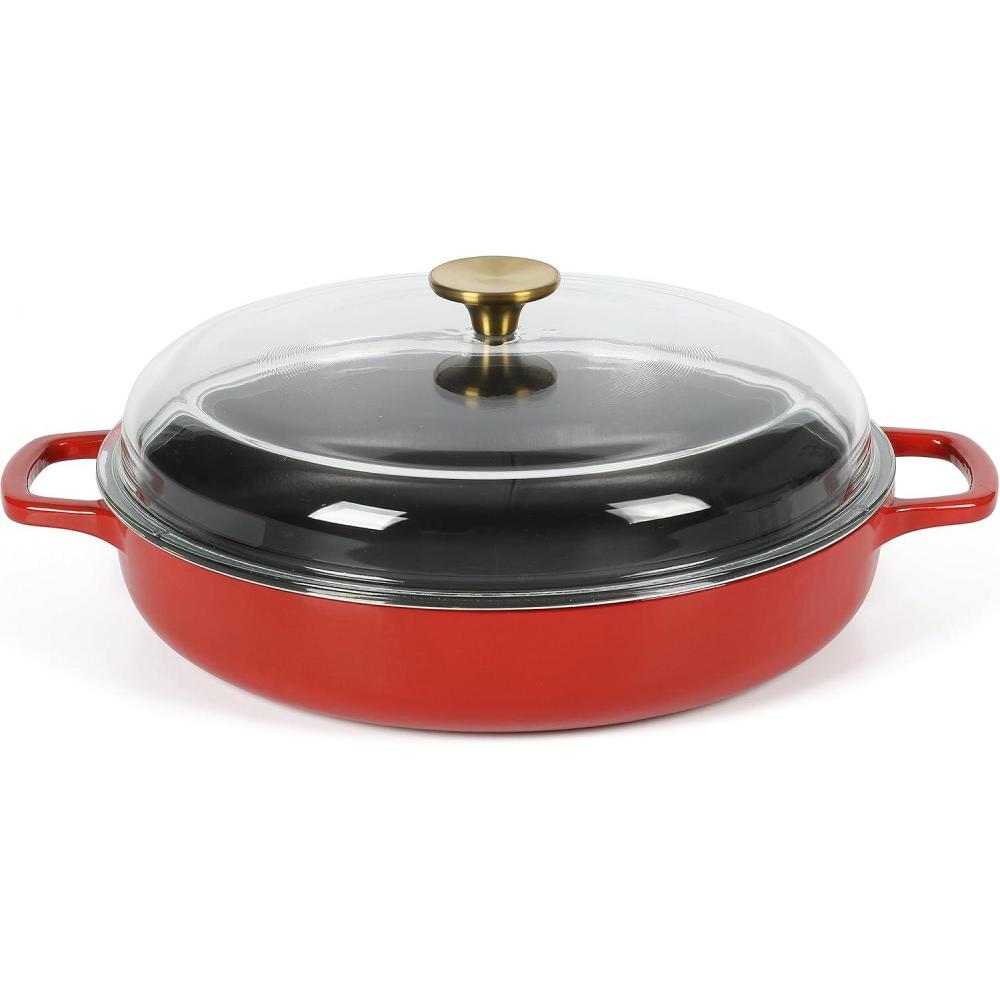 imageSur La Table Kitchen Essentials 375 Quart Enamel Cast Iron All In One MultiPurpose NonToxic Nonstick Braiser Pan WBorosilicate Glass Lid RedRed