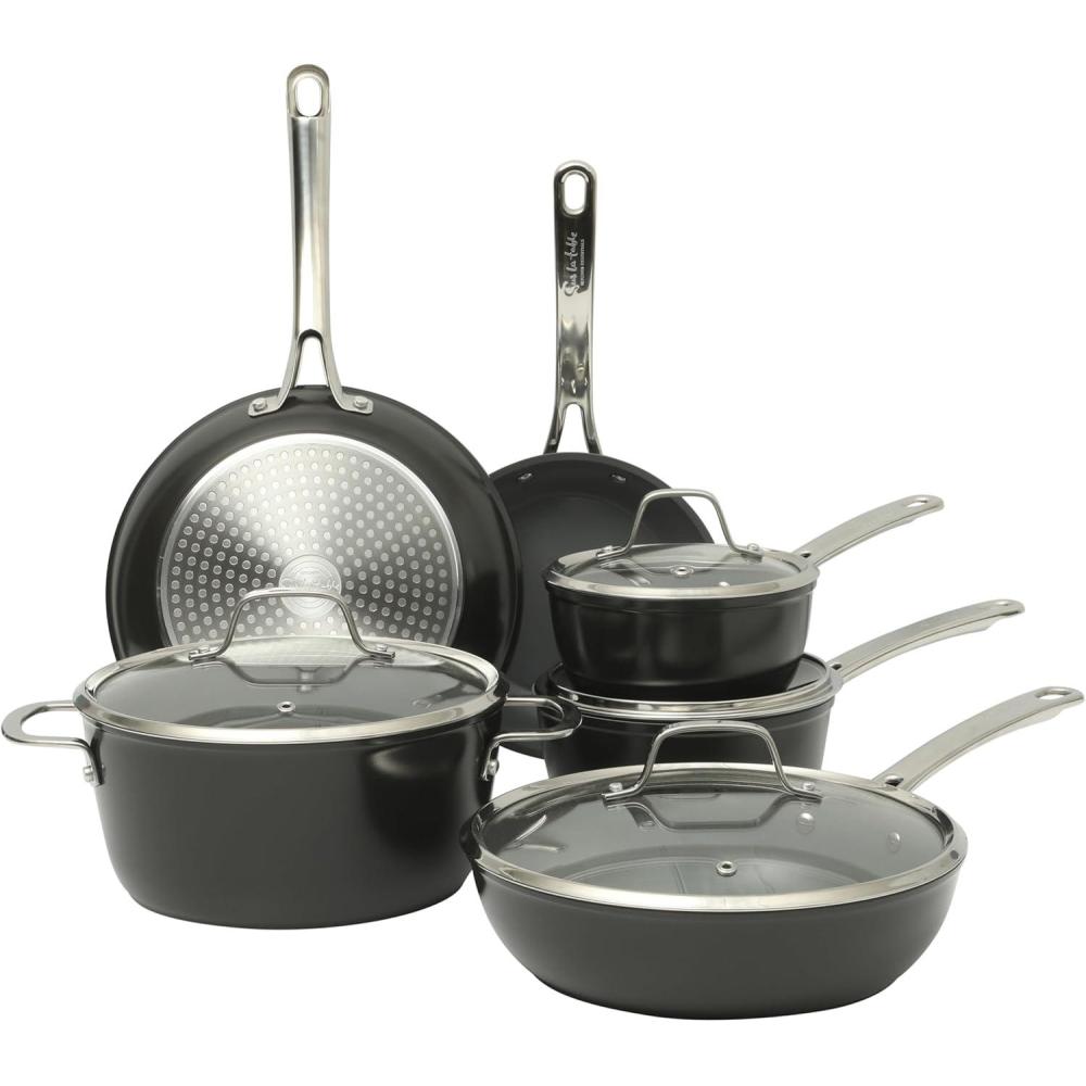 imageSur La Table Kitchen Essentials Cool Commune Hard Anodized 10 Piece PFA Free Ceramic Non stick Interior Forged Durable Aluminum Pots and Pans Cookware Set Green Induction CompatibleBlack Hard Anodized Aluminum