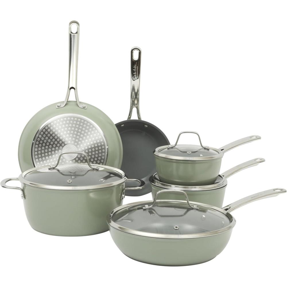 imageSur La Table Kitchen Essentials Cool Commune Hard Anodized 10 Piece PFA Free Ceramic Non stick Interior Forged Durable Aluminum Pots and Pans Cookware Set  Green  Induction CompatibleGreen Hard Anodized Aluminum