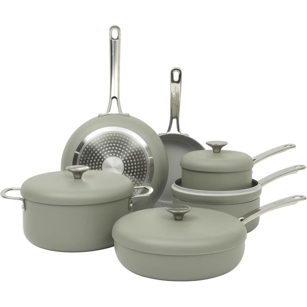 imageSur La Table Kitchen Essentials Potluck Porch 10 Piece PFA Free Ceramic Non stick Interior Forged Aluminum Cookware Pots and Pans Set WAluminum Lids Black Induction CompatibleGreen