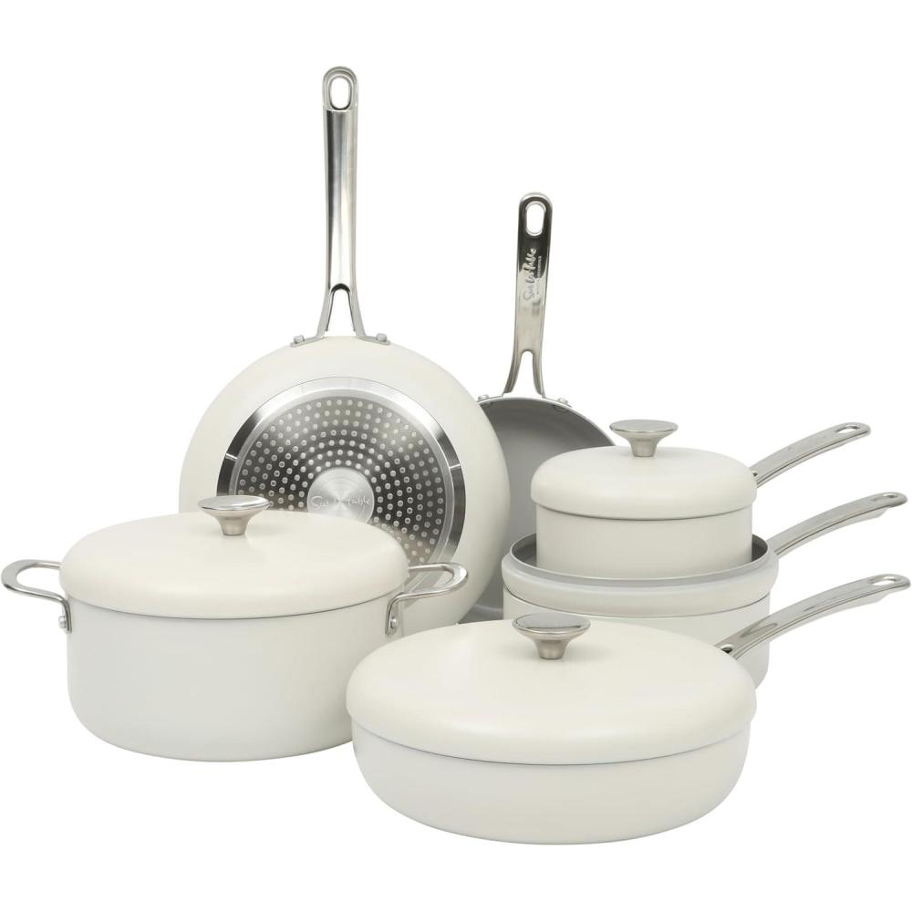 imageSur La Table Kitchen Essentials Potluck Porch 10 Piece PFA Free Ceramic Non stick Interior Forged Aluminum Cookware Pots and Pans Set WAluminum Lids Black Induction CompatibleLinen White