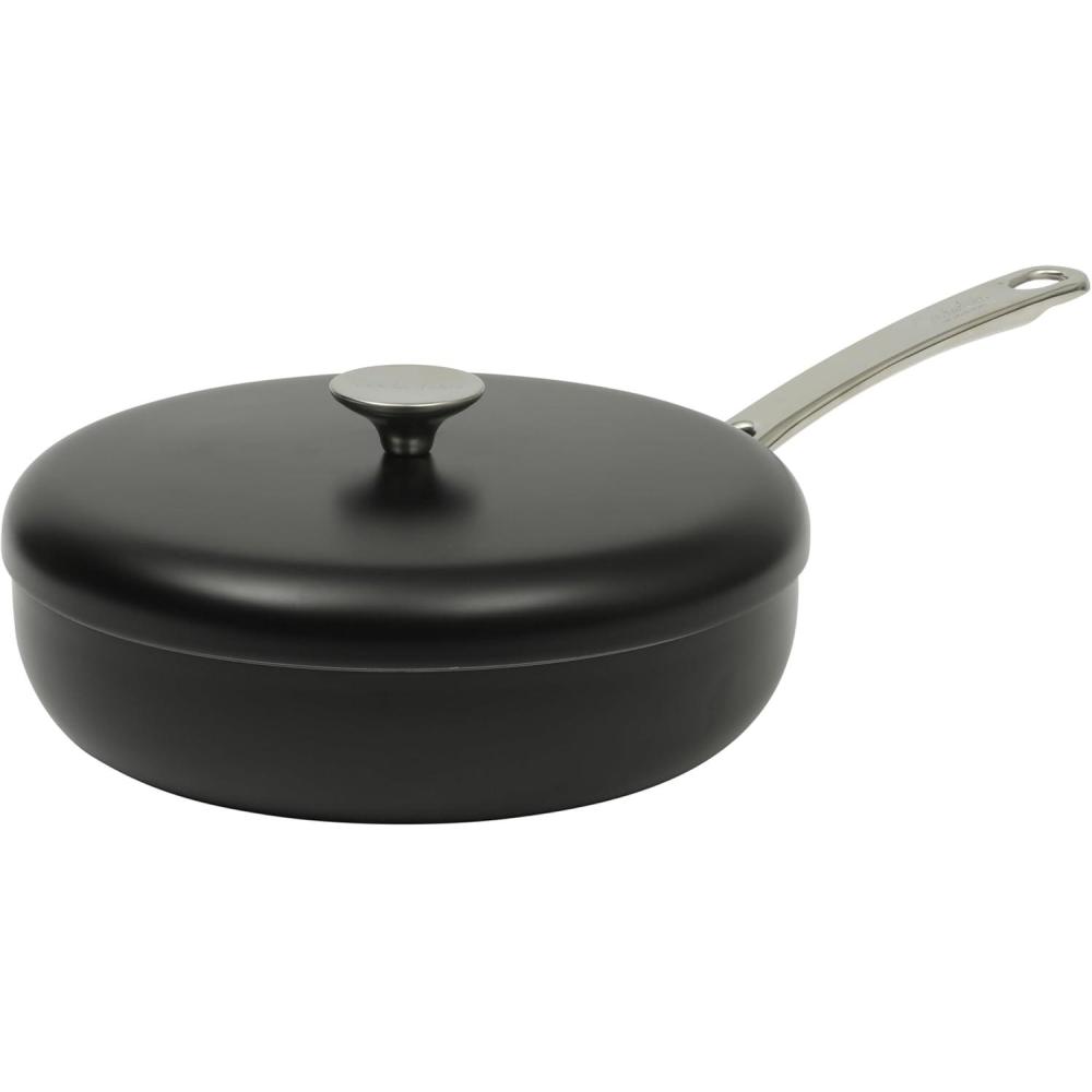 imageSur La Table Kitchen Essentials Potluck Porch 10 Piece PFA Free Ceramic Non stick Interior Forged Aluminum Cookware Pots and Pans Set WAluminum Lids Black Induction CompatibleBlack