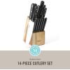 MARTHA STEWART Eastwalk 14 Piece High Carbon Stainless Steel Cutlery Kitchen Knife Block Set w/ABS Triple Riveted Forged Handle Acacia Wood Block – Linen White(Matte Black)
