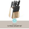 MARTHA STEWART Eastwalk 14 Piece High Carbon Stainless Steel Cutlery Kitchen Knife Block Set w/ABS Triple Riveted Forged Handle Acacia Wood Block – Linen White(Black)