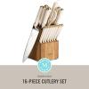 Martha Stewart 16 Piece Lockton High Carbon Stainless Steel Cutlery Kitchen Knife Block Set W/ABS Tripe Riveted Forged Handle Acacia Wood Block – Linen White W/Gold(Linen W/ Gold Knife Block)