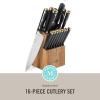 Martha Stewart 16 Piece Lockton High Carbon Stainless Steel Cutlery Kitchen Knife Block Set W/ABS Tripe Riveted Forged Handle Acacia Wood Block – Linen White W/Gold(Black W/ Gold Knife Block)