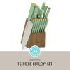 Martha Stewart 16 Piece Lockton High Carbon Stainless Steel Cutlery Kitchen Knife Block Set W/ABS Tripe Riveted Forged Handle Acacia Wood Block – Linen White W/Gold(Sage Green W/ Gold Knife Block)