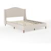 Martha Stewart Amelia Platform Bed with Curved Headboard and Cushioned Side Rails, Faux Linen Upholstery, Wood Slat Foundation, No Box Spring Needed, Queen, Beige(Beige Fabric/Walnut Legs)