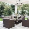 Martha Stewart Bedford 4-Piece Indoor-Outdoor Conversation Set with Sofa, 2 Accent Chairs, and Coffee Table in Brown Rattan Wicker with Tan All-Weather Cushions