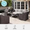 Martha Stewart Bedford 4-Piece Indoor-Outdoor Conversation Set with Sofa, 2 Accent Chairs, and Coffee Table in Brown Rattan Wicker with Tan All-Weather Cushions