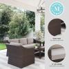 Martha Stewart Bedford 4-Piece Indoor-Outdoor Conversation Set with Sofa, 2 Accent Chairs, and Coffee Table in Brown Rattan Wicker with Tan All-Weather Cushions