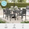 Martha Stewart Bedford 7-Piece Indoor-Outdoor Dining Set with 6 Stackable Chairs and 62″ Patio Table with Faux Wood Top and Rattan Wicker Finish in Brown(Grey)