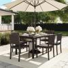 Martha Stewart Bedford 7-Piece Indoor-Outdoor Dining Set with 6 Stackable Chairs and 62″ Patio Table with Faux Wood Top and Rattan Wicker Finish in Brown(Brown)