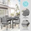 Martha Stewart Bedford 9 Piece Patio Set with 71″ Table and 8 Stackable Chairs with Gray Brushed Woodgrain Aluminum Finish, Gray All-Weather Seat Cushions