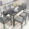 Martha Stewart Bedford 9 Piece Patio Set with 71″ Table and 8 Stackable Chairs with Gray Brushed Woodgrain Aluminum Finish, Gray All-Weather Seat Cushions
