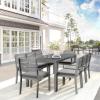 Martha Stewart Bedford 9 Piece Patio Set with 71″ Table and 8 Stackable Chairs with Gray Brushed Woodgrain Aluminum Finish, Gray All-Weather Seat Cushions