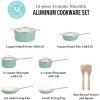Martha Stewart Emmeline Premium Nonstick PFA Free Ceramic Interior 12 Piece Heavy Gauge Enamel Aluminum Pots and Pans Cookware Set – Linen White(Teal)