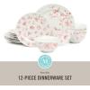 Martha Stewart Empress Bouquet 12-Piece Decorated Porcelain Chip and Scratch Resistant Dinnerware Plates and Bowls Set – Blue Floral(Pink Floral)