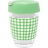 Martha Stewart Glass Tumbler, 12 Ounce Travel Coffee Mug with Splashproof Lid & Green Gingham Silicone Sleeve, Hot or Cold Beverages, Arcadian Green Gingham
