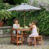 Martha Stewart Kids Outdoor Craft Table, Benches & Umbrella Set: Acacia Wood Activity Desk w/Crate, Caddy, Storage Shelves | Kids Play & Picnic Table w/Benches & Umbrella for Backyard, Patio, Garden