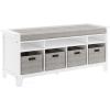 Martha Stewart Kids’ Storage Bench Gray: Wooden Toy and Book Organizer with Shelves, Built-in Cushion and Fabric Bins for Playroom and Bedroom(Linen White)
