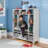 Martha Stewart Kids’ Storage System – Linen White: Wood Bookshelf Cubby with Seat Cushion, Shelves and Storage Bins; Reading Nook Bookcase and Kids Room Storage Bench(Grey)