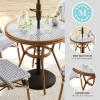 Martha Stewart Lily Pond 31” Round Indoor-Outdoor Bistro Dining Table with Aluminum Frame in Gray Woodgrain and Rattan Top in White/Gray with Tempered Glass Top(Navy & White/Natural Frame)