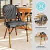 Martha Stewart Lily Pond Indoor-Outdoor Stackable Aluminum Bistro Chair with Gray Woodgrain Frame Finish and White/Gray Woven Rattan Backrest and Seat(Black & White/Natural Frame)