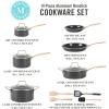 Martha Stewart Lockton Premium Non stick Non Toxic PFA Free Ceramic Interior 10 Piece Heavy Gauge Enamel Aluminum Pots and Pans Cookware Set – Linen White w/Gold Handle(Combo)