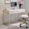 Martha Stewart Ollie Home Office Desk with 3 Drawers in Walnut Wood Grain with Polished Brass Hardware(White Top/Polished Brass Frame)
