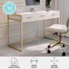 Martha Stewart Ollie Home Office Desk with 3 Drawers in Walnut Wood Grain with Polished Brass Hardware(White Top/Polished Brass Frame)