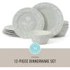 Martha Stewart Peony 12 Piece Porcelain Floral Chip and Scratch Resistant Dinnerware Set(Sage Green)