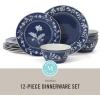 Martha Stewart Peony 12 Piece Porcelain Floral Chip and Scratch Resistant Dinnerware Set(Sky Blue)